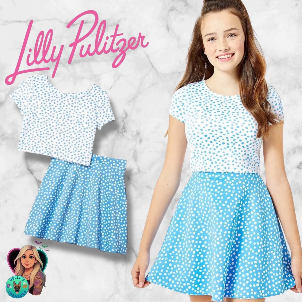 Lilly Pulitzer Girls 14 XL Thelma Set Polka Two‎ Piece Set Blue Skirt Top Dress